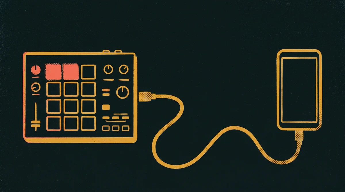 A drum machine connected to a phone by a USB cable