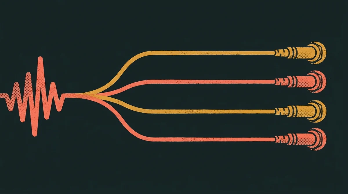 A waveform splitting into four patch cables